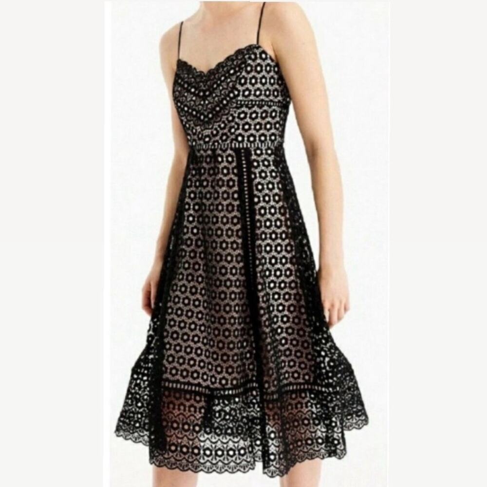 New J. Crew Eyelet Lace Dress A-line Daisy Chain Knee Length Black Size 8 $178